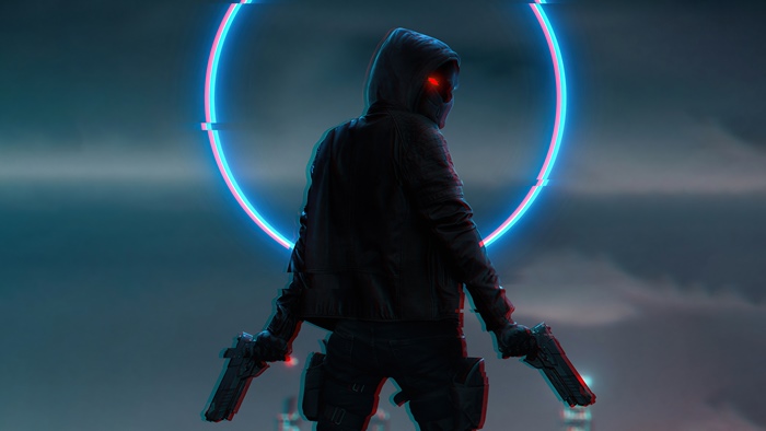 Warrior with guns and neon circle 4K