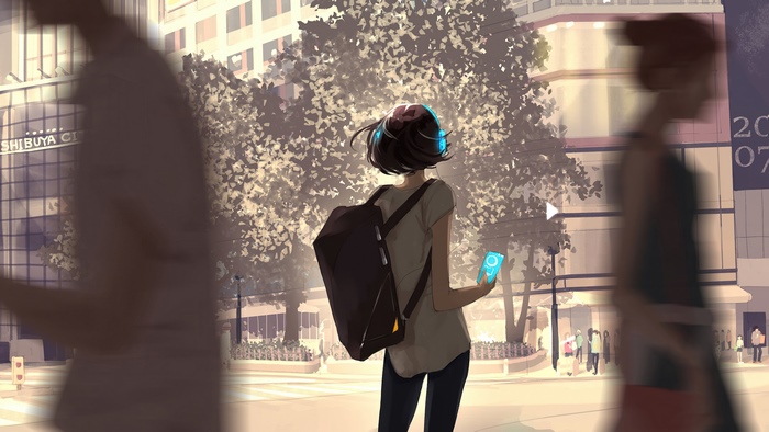 Girl with headphones and backpack in Shibuya City