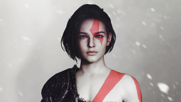 Artwork of a woman with red markings
