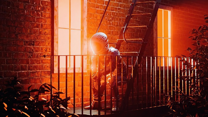 Astronaut on a fire escape at sunset