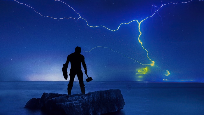 Captain America with Mjolnir and Shield during Lightning Storm