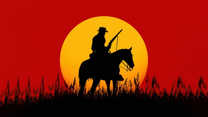 Silhouette of a cowboy on a horse with a rifle against a large sun