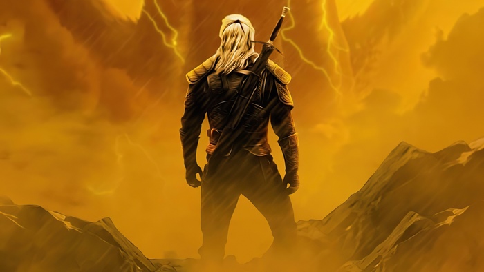 Geralt of Rivia from The Witcher in a stormy landscape