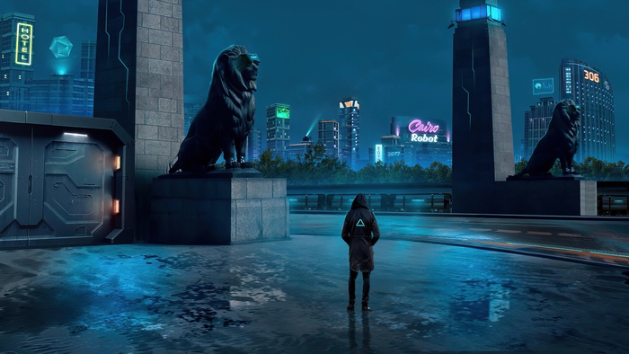 Cyberpunk city with lion statues and a person in a hoodie