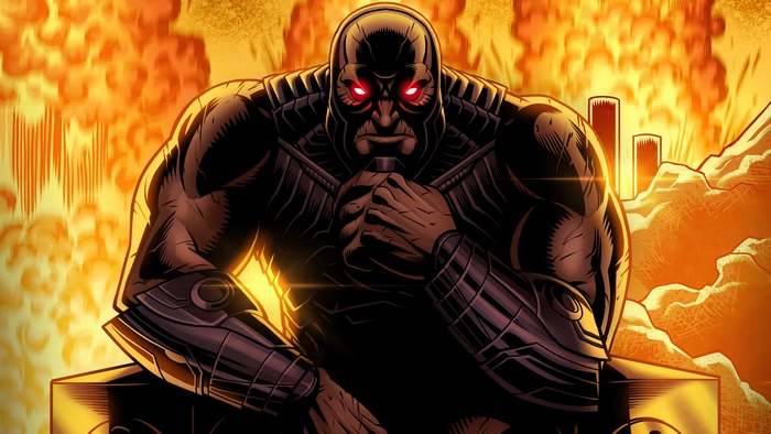 Darkseid from DC Comics sitting on a throne with explosions behind him