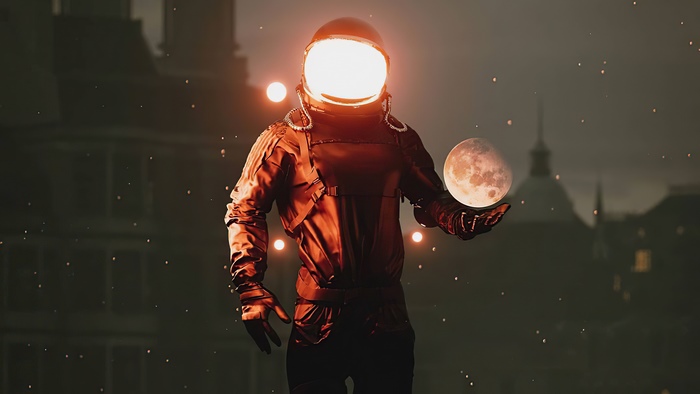 Astronaut holding the moon in front of buildings