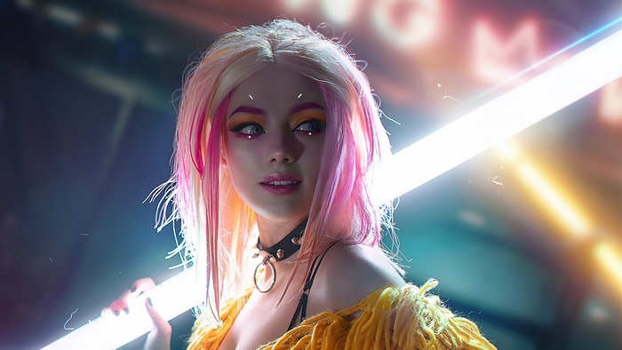 Cyberpunk Cosplay Girl with Neon Lighting