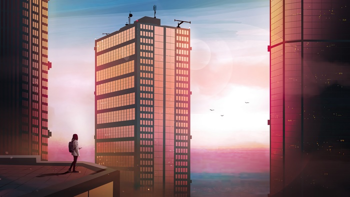 Girl on rooftop overlooking city at sunset
