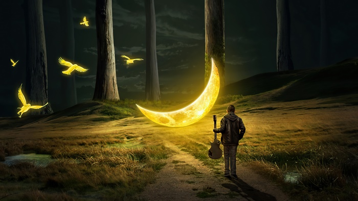 Man with Guitar and Glowing Moon in Forest