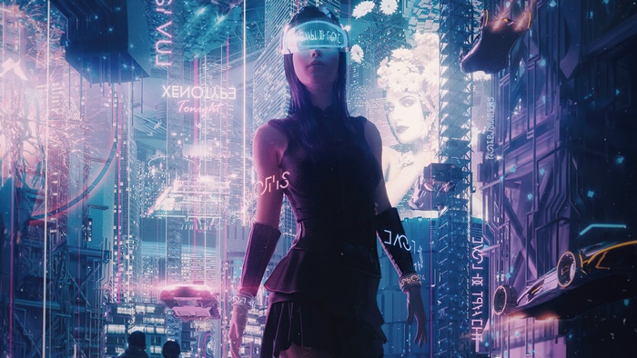 Cyberpunk woman in futuristic city with VR headset