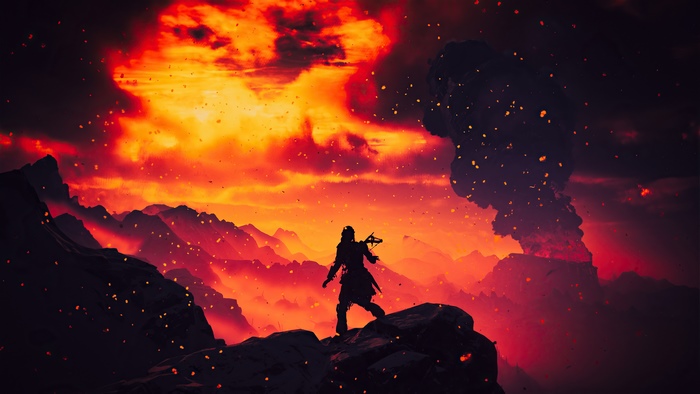 Aloy from Horizon Zero Dawn in a volcanic landscape