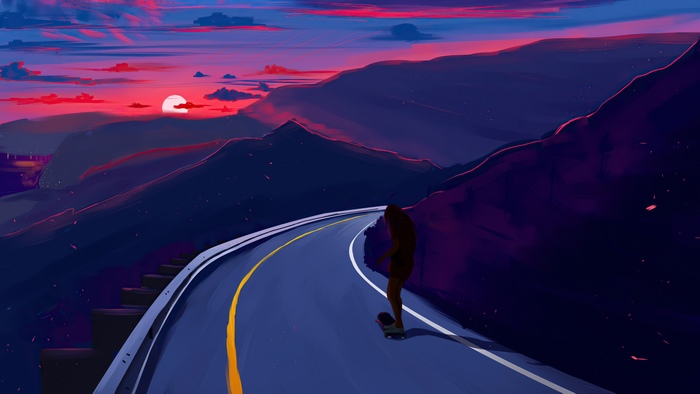 Skater on a mountain road at sunset