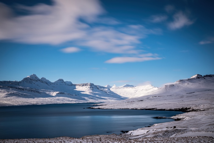 Snowy mountains and a lake in Iceland