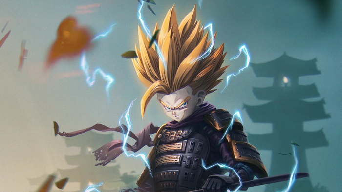 Anime boy in samurai armor with lightning