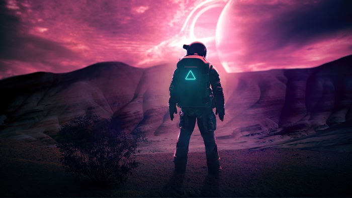 Astronaut with glowing triangle on backpack on alien planet