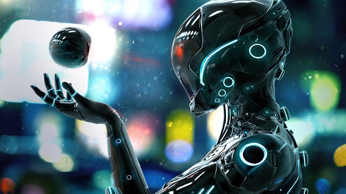 Robot playing with a sphere in a city at night