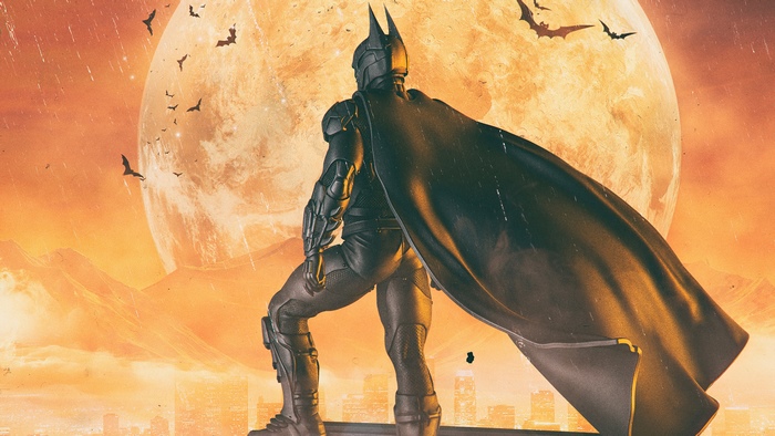 Batman standing in front of a large moon with bats flying