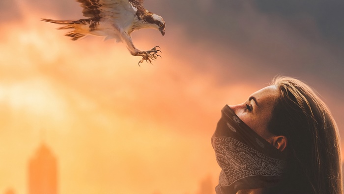 Hawk attacking a woman with bandana