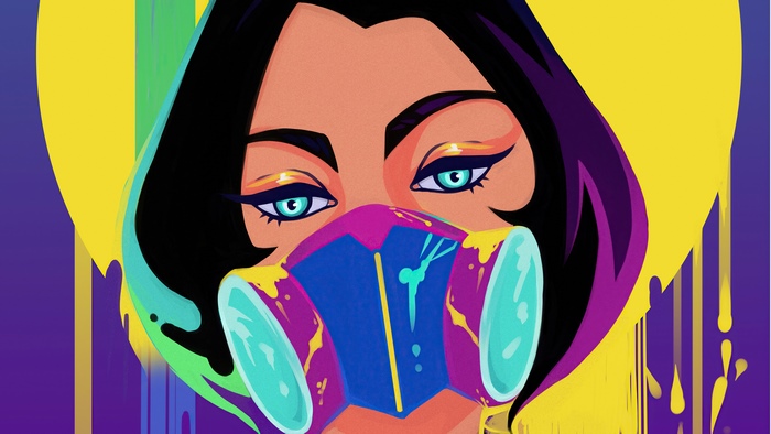 Woman with mask and colorful paint splatters