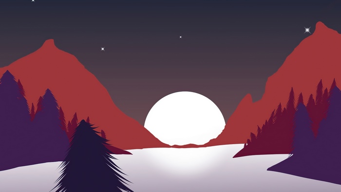Minimalist mountain landscape with moon and stars
