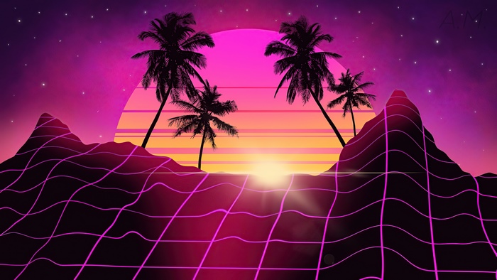 Retrowave digital art with palm trees and sunset