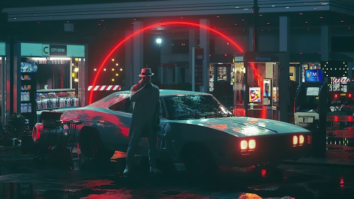 Man in trench coat and fedora by a classic car at night