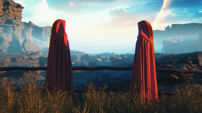 Two figures in red cloaks on a rocky alien planet