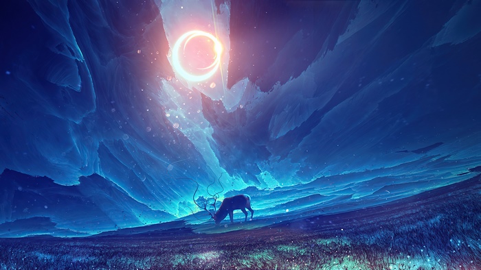 Reindeer grazing under a celestial ring