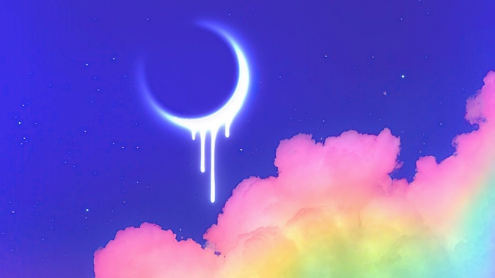 Crescent moon with dripping effect over rainbow clouds