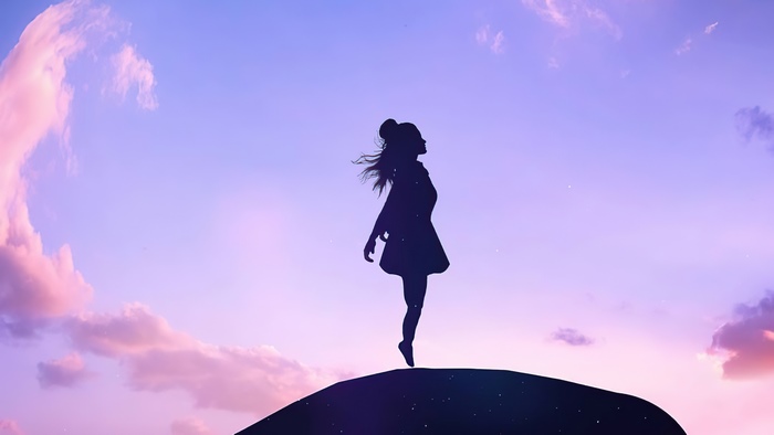 Silhouette of a woman on a hill at sunset