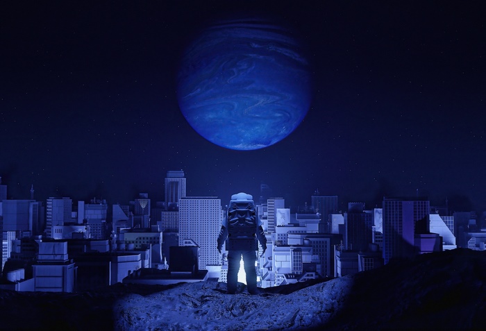 Astronaut overlooking a futuristic city with a large blue planet
