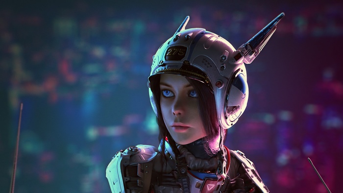 Sci-fi artwork of a woman in a helmet