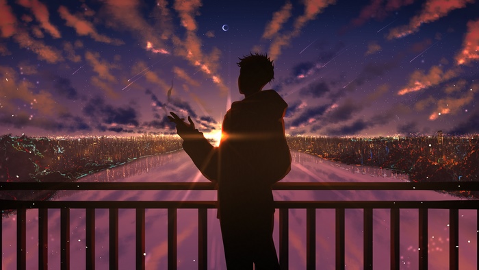 Silhouette of a person smoking against a city skyline at sunset