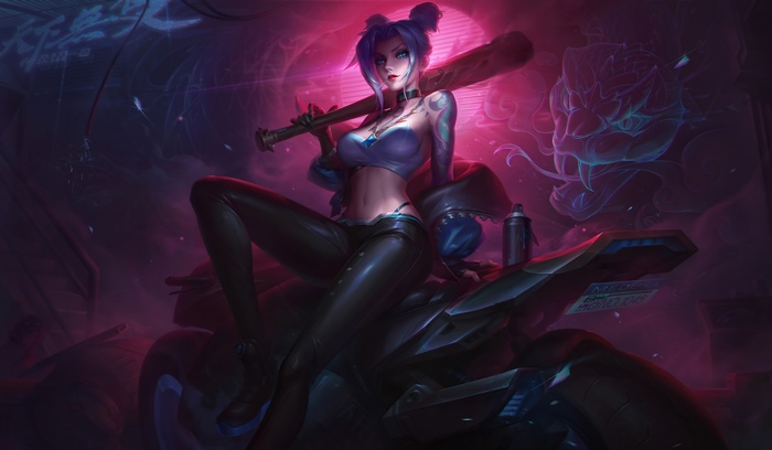 Jinx from League of Legends with a baseball bat on a motorcycle
