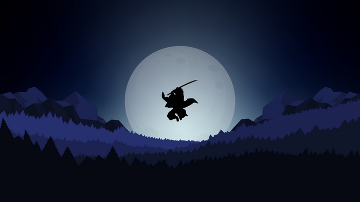 Silhouette of a warrior with a sword in front of a large moon