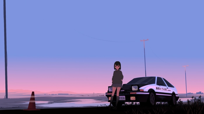 Anime girl with car at sunset