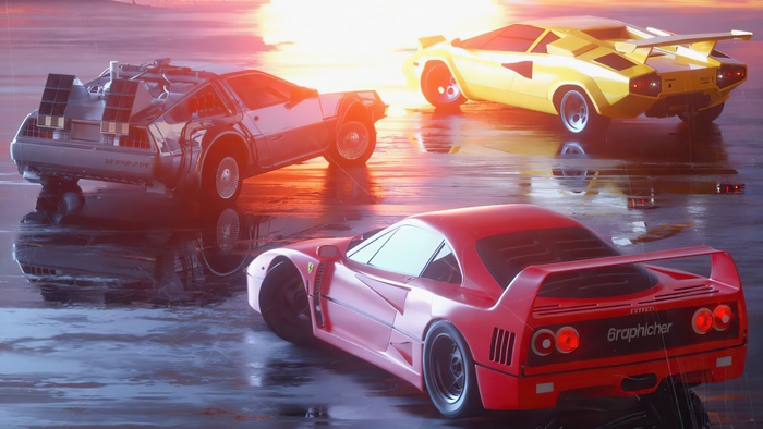 Ferrari F40, DeLorean, and Lamborghini Countach