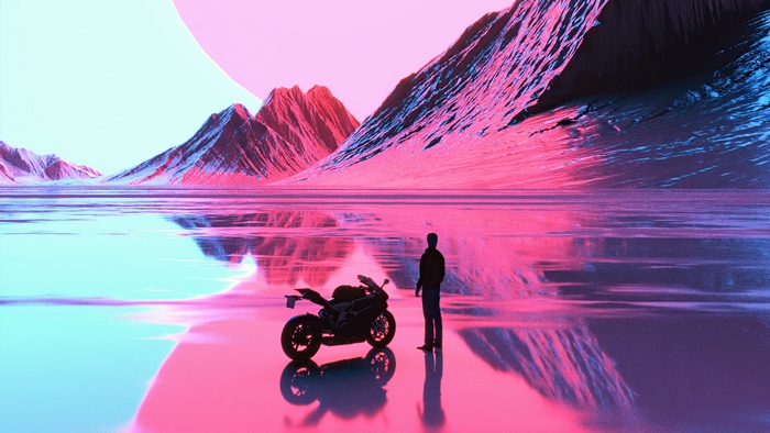Biker and motorcycle in a surreal landscape
