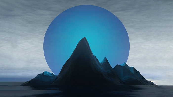 Digital art of a planet with mountains and a blue circle