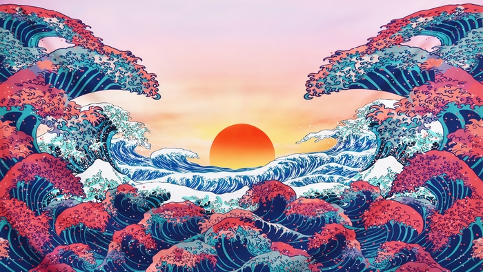 The Great Wave off Kanagawa inspired artwork with sunrise