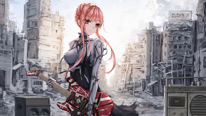Anime girl with pink hair and guitar in ruined city