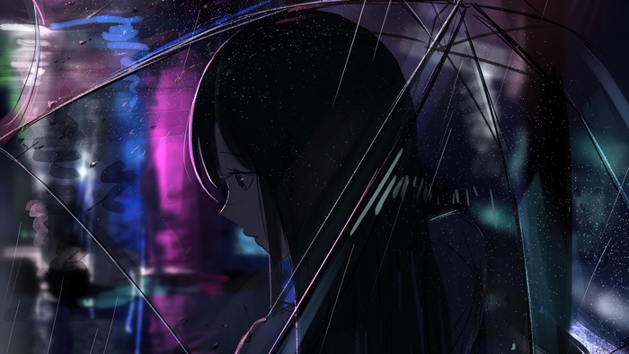 Anime Girl Under Umbrella in Rainy Night