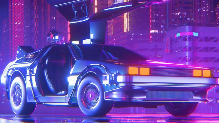 Delorean car in a retrowave city