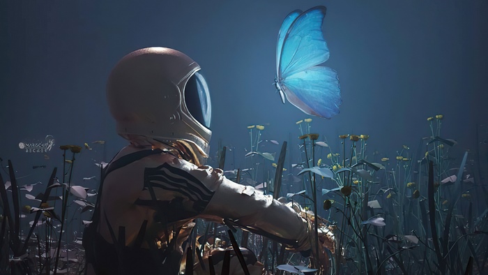 Astronaut observing a blue butterfly in a field