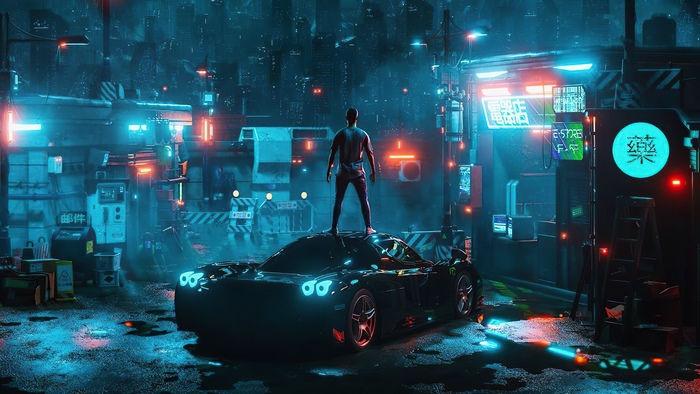 Man standing on a cyberpunk car in a neon city