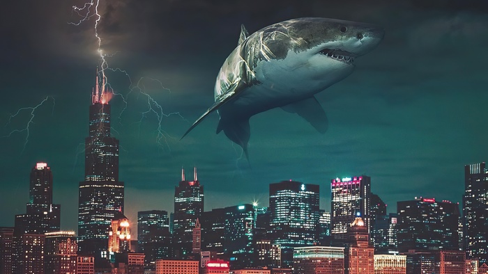 Shark flying over Chicago skyline during lightning storm