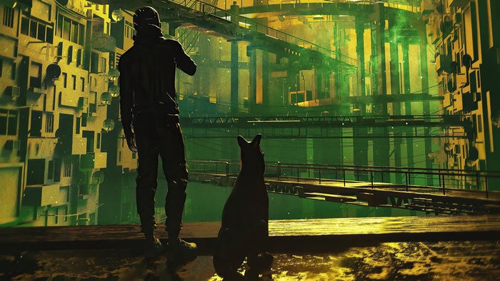 Man and dog in a futuristic city
