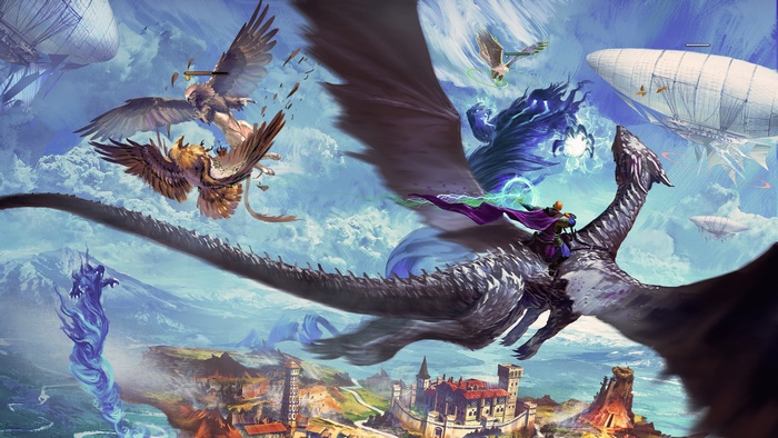 Fantasy battle with dragons, griffins, and airships