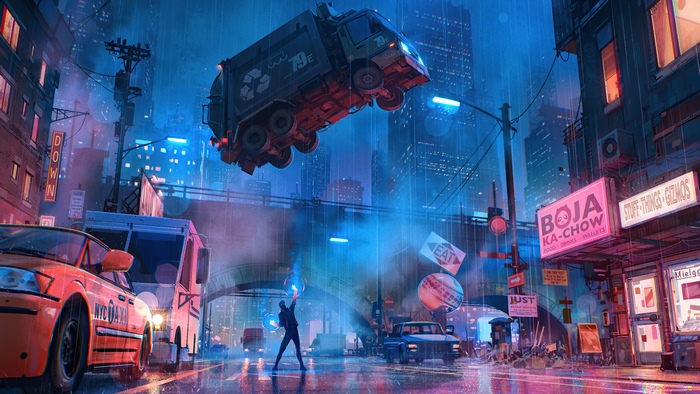 Garbage Truck Flying Over Rainy City Street