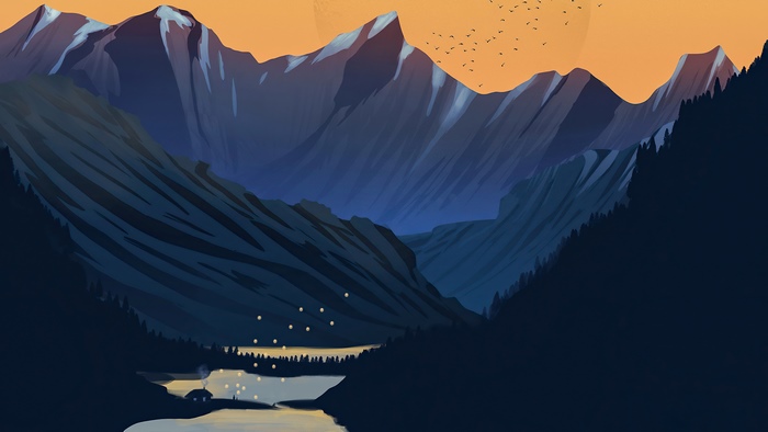 Minimalist digital art of mountains, lake, and birds